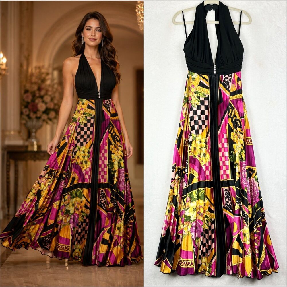 Betsy Adam Pleated Satin Halter Maxi Dress Size 12 Floral Party Special Occasion